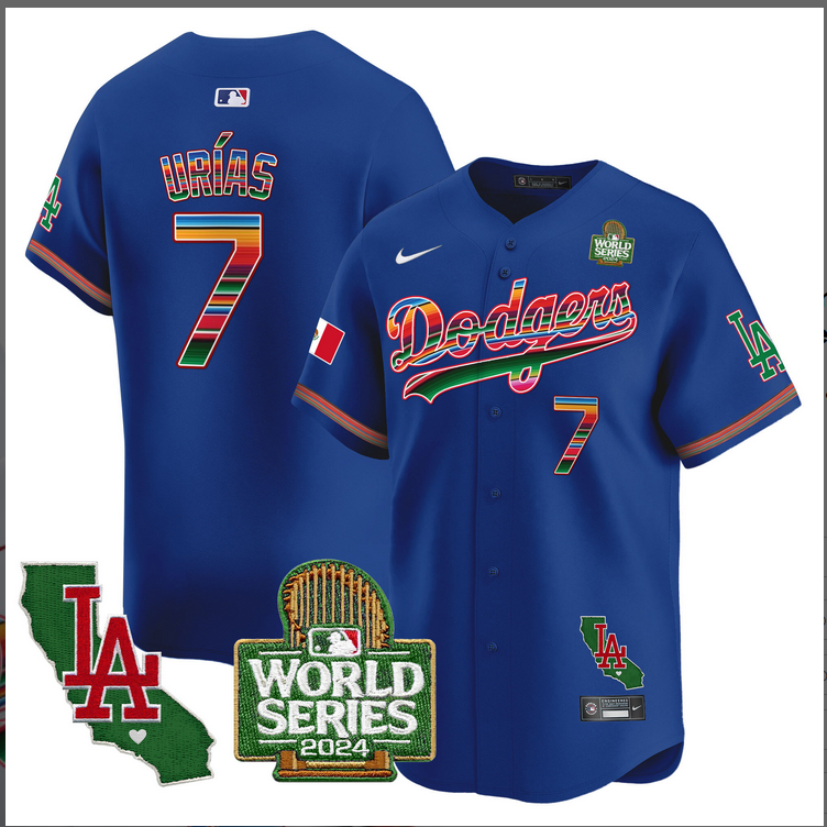 Men MLB Mexico Los Angeles Dodgers 7 Urias blue 2024 World Series Champions Patch Jersey 2024110